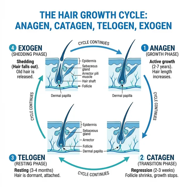 Hair growth cycle diagram showing Anagen, Catagen, Telogen and Exogen phases — Dr. Ajay Agrawal Clinic