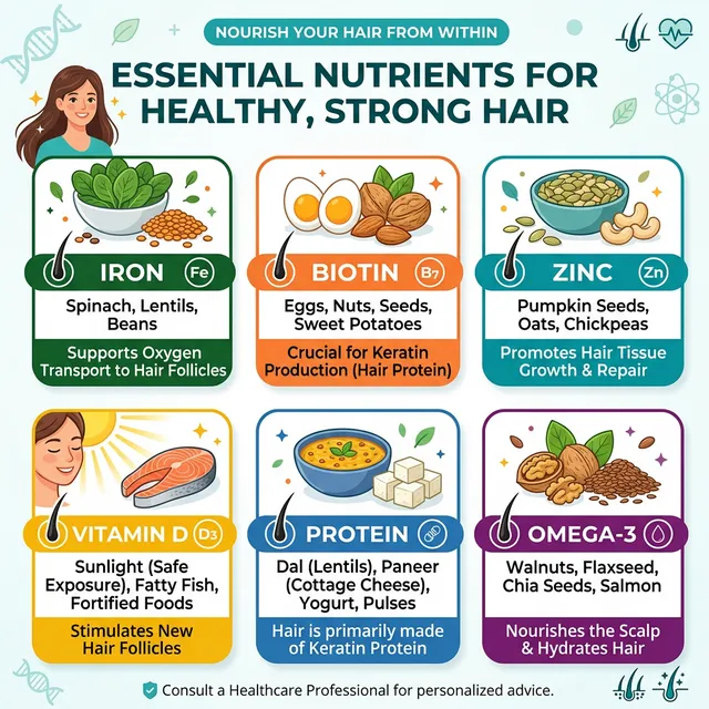 Essential nutrients for hair health with Indian food sources — Iron, Biotin, Zinc, Vitamin D, Protein, Omega-3