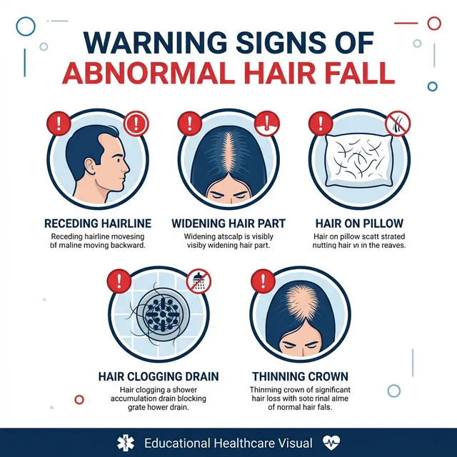 Warning signs of abnormal hair fall — receding hairline, widening part, hair on pillow, thinning crown